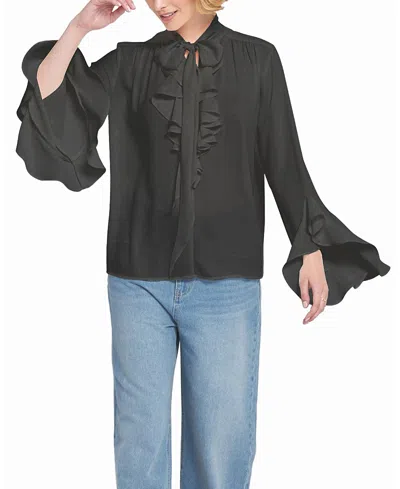 Elle Collection Flounce Trimmed Tie Neck Blouse In Black