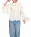 Elle Collection Flounce-trimmed Tie-neck Blouse Top In White