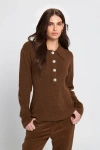 Elle Collection Fuzzy Knit Jumper Henley Sweater In Brown