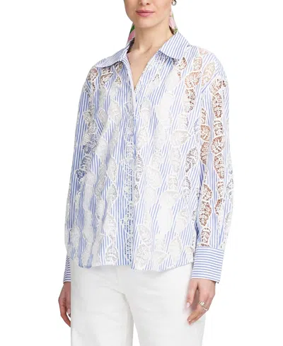 Elle Collection Lace Striped Shirt In Blue