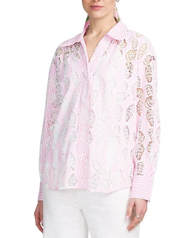 Elle Collection Lace Striped Shirt In Pink
