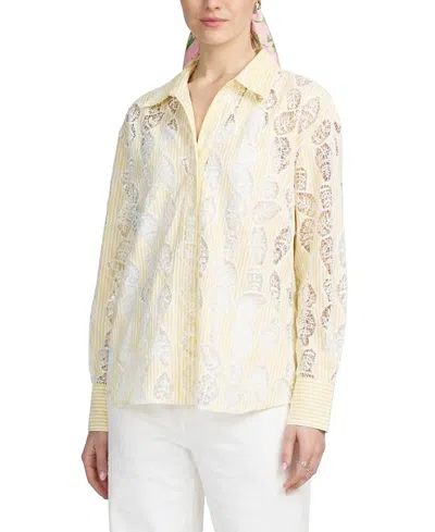 Elle Collection Lace Striped Shirt In Yellow