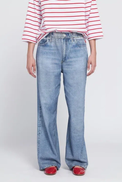 Elle Collection Printed Denim On Lightweight French Terry Wide-leg Pants In Blue
