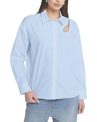 Elle Collection Rhinestone Trim Cutout Shirt Button Down Top In Blue