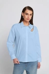 Elle Collection Rhinestone Trim Cutout Shirt Button Down Top In Blue