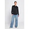 Elle Collection Sparkle Trim Satin Shirt Button Down Top In Black
