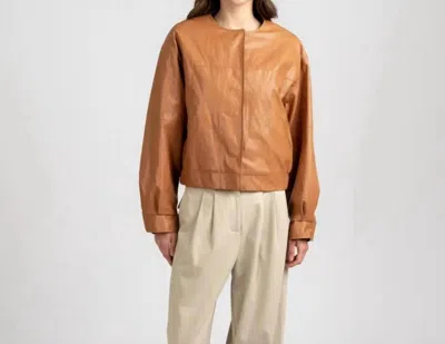 Elle Grey Collarless Vintage Leather Jacket In Tan
