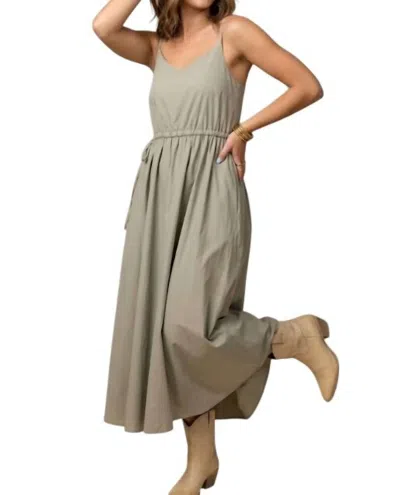 Elle Grey Elastic Waist Textured Flared Midi Dress In Sage In Multi