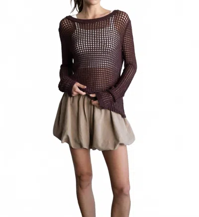 Elle Grey Open-knit Crochet Sweater Top In Dark Brown