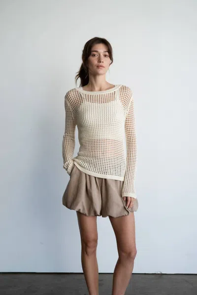Elle Grey Open-knit Crochet Sweater Top In Beige In Neutral