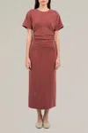 Elle Grey Side Shirred Midi Dress In Rusty Rose In Multi