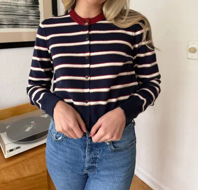 Elle Grey Zara Striped Button Cardigan In Navy In Blue