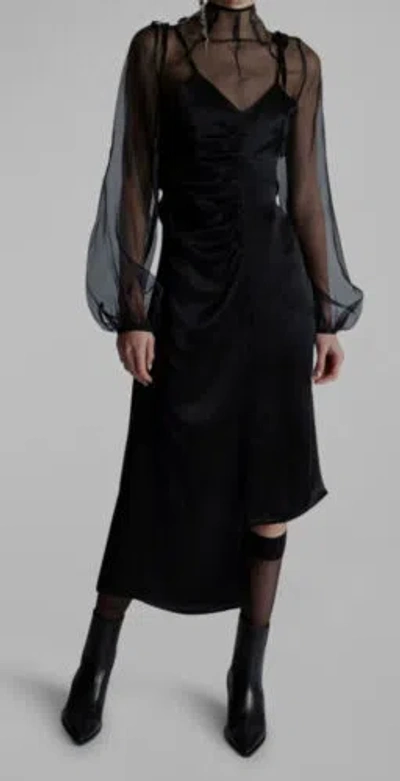 Pre-owned Elleme Paris $751  Women's Black Silk High Mock-neck Ruched Midi Dress Size 42
