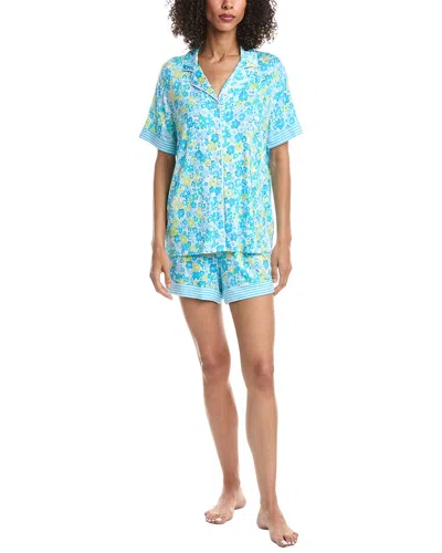 Ellen Tracy 2pc Notch Collar Top & Short Pajama Set In Blue