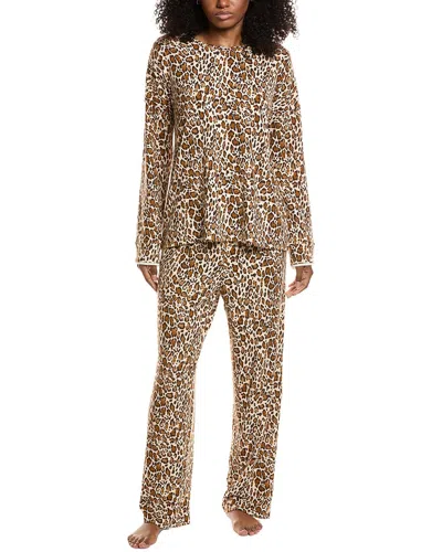 Ellen Tracy Plus Size Printed Round Neck Top And Pants Pajama Set In Brown