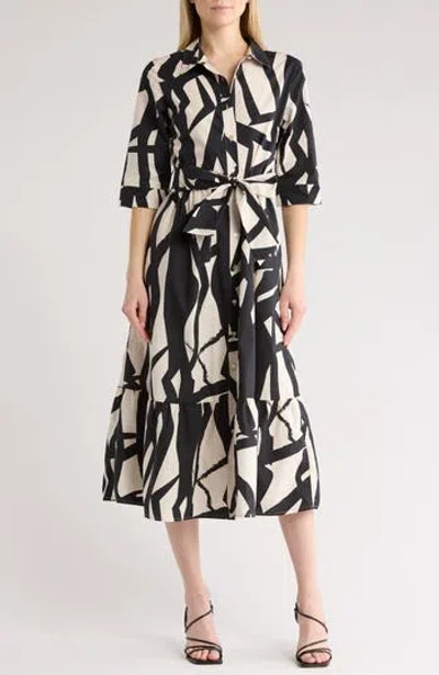 Ellen Tracy Abstract Print Midi Shirtdress In Black Abstract