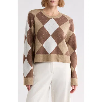 Ellen Tracy Argyle Crewneck Sweater In Brown