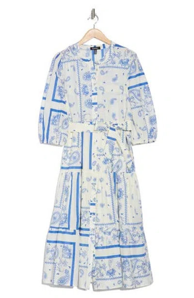 Ellen Tracy Bandana Print Belted Tiered Cotton Shirtdress In Blue Patchwork