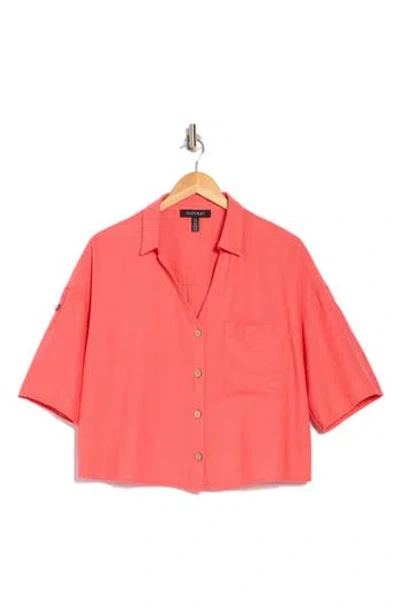 Ellen Tracy Boxy Short Sleeve Crop Button-up Shirt In Coral