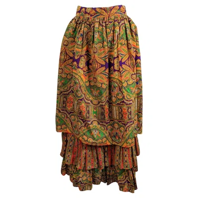 Pre-owned Ellen Tracy Colorful Folkloric Ruffled Skirt,  In Brown