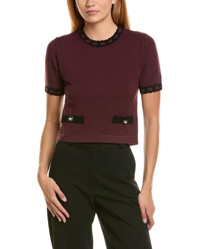 Ellen Tracy Contrast Trim Short Sleeved Sweater In Burgundy