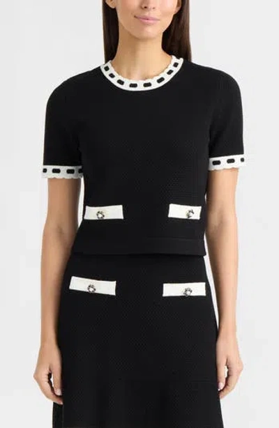 Ellen Tracy Contrast Trim Short Sleeved Sweater In Black