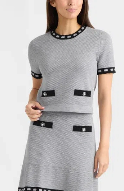 Ellen Tracy Contrast Trim Short Sleeved Sweater In Light Grey Mix