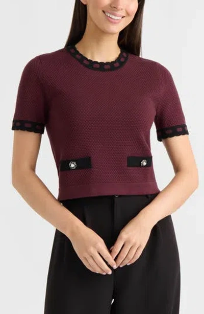Ellen Tracy Contrast Trim Short Sleeved Sweater In Winetasting