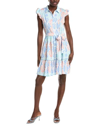 Ellen Tracy Crinkle Belted Ruffle Sleeve Dress In Blue