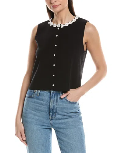 Ellen Tracy Crochet Flower Trim Sweater Vest In Black
