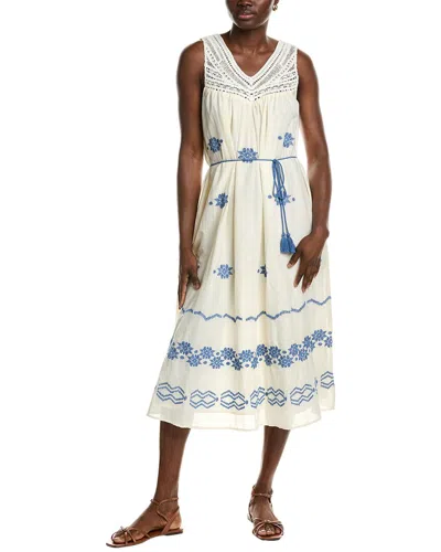 Ellen Tracy Crochet Trim Embroidered Midi Dress In Neutral