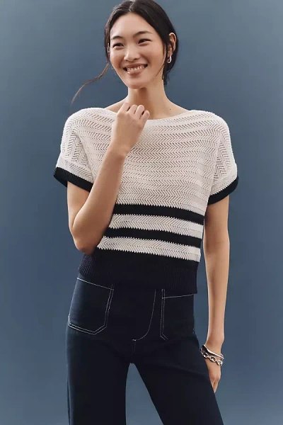 Ellen Tracy Dolman-sleeve Open-stitch Striped Sweater In Blue