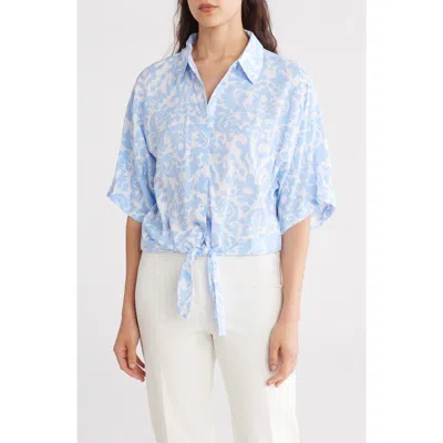 Ellen Tracy Dolman Sleeve Tie Hem Top In Baby Blue Damask