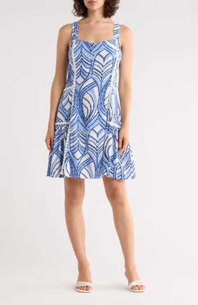 Ellen Tracy Dotted Lace Trim Linen-blend Dress In Blue