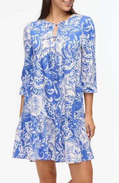 Ellen Tracy Double Tie Keyhole Tiered Babydoll Dress In Azure Batik Floral