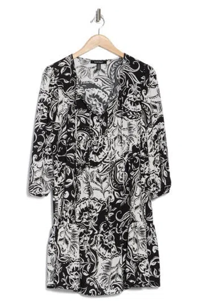 Ellen Tracy Double Tie Keyhole Tiered Babydoll Dress In Black Batik Floral