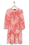 Ellen Tracy Double Tie Keyhole Tiered Babydoll Dress In Coral Batik Floral