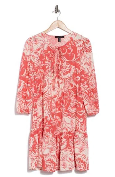 Ellen Tracy Double Tie Keyhole Tiered Babydoll Dress In Coral Batik Floral