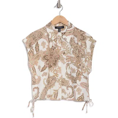 Ellen Tracy Drawstring Hem Camp Shirt In Ivory Multi Paisley