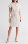 Ellen Tracy Linen-blend Drawstring Mini Dress In Linen/white Stripe