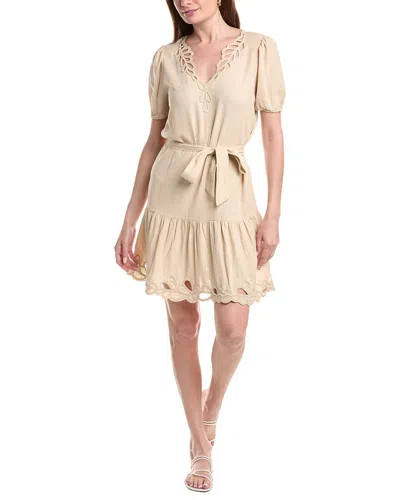 Ellen Tracy Embroidered Belted Linen-blend Dress In Neutral