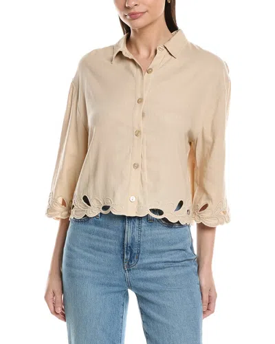 Ellen Tracy Embroidered Button Front Linen-blend Shirt In Neutral