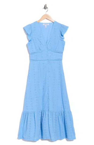Ellen Tracy Embroidered Eyelet Cap Sleeve Cotton Poplin Midi Dress In Blue