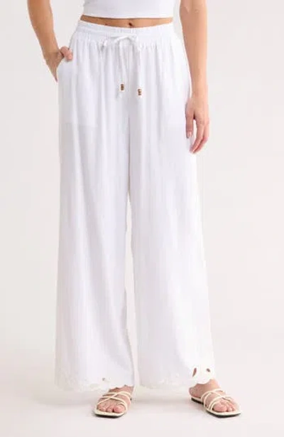 Ellen Tracy Embroidered Eyelet Hem Wide Leg Pull-on Pants In White