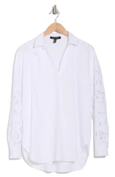 Ellen Tracy Embroidered Eyelet Long Sleeve Poplin Tunic Top In White