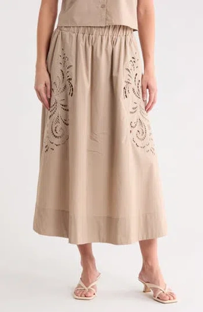 Ellen Tracy Embroidered Eyelet Poplin Midi Skirt In Neutral