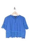 Ellen Tracy Embroidered Eyelet Short Sleeve Popover Top In Azure