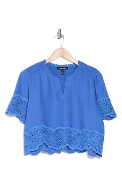 Ellen Tracy Embroidered Eyelet Short Sleeve Popover Top In Azure