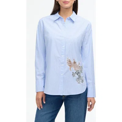 Ellen Tracy Embroidered Flower Poplin Button-up Shirt In Blue Stripe