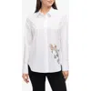 Ellen Tracy Embroidered Flower Poplin Button-up Shirt In White